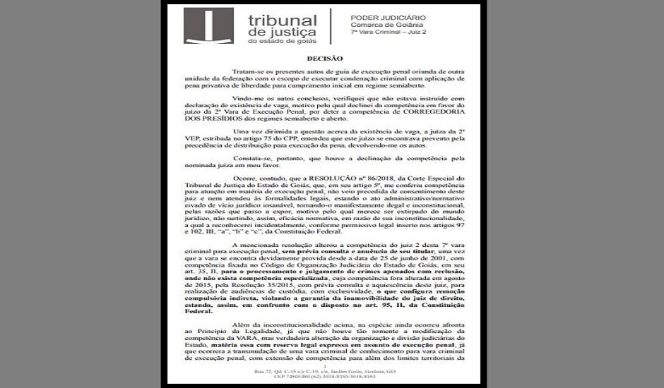 Juiz, em decisão, se declara incompetente para julgar o processo. É o segundo juiz do dia com a mesma decisão no mesmo processo (Foto: Reprodução)