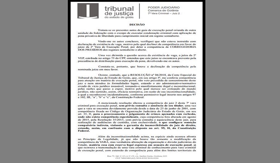 Juiz, em decisão, se declara incompetente para julgar o processo. É o segundo juiz do dia com a mesma decisão no mesmo processo (Foto: Reprodução)