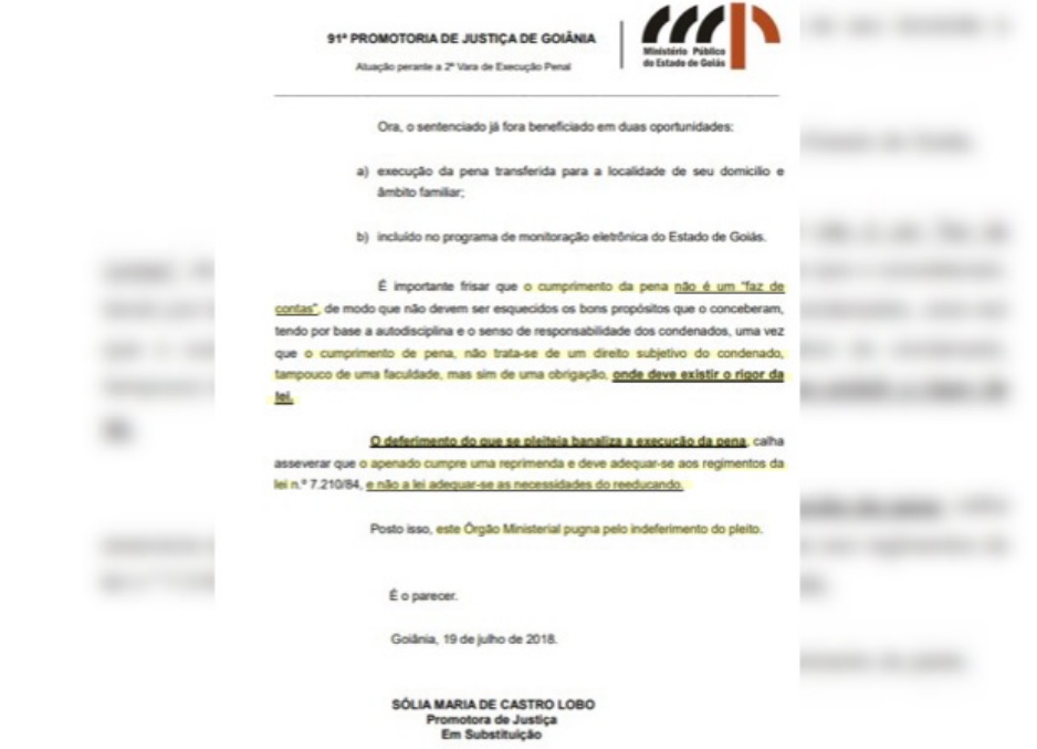 Pedido feito por Cachoeira é rechaçado por promotora (Reprodução: Ministério Público Estadual)