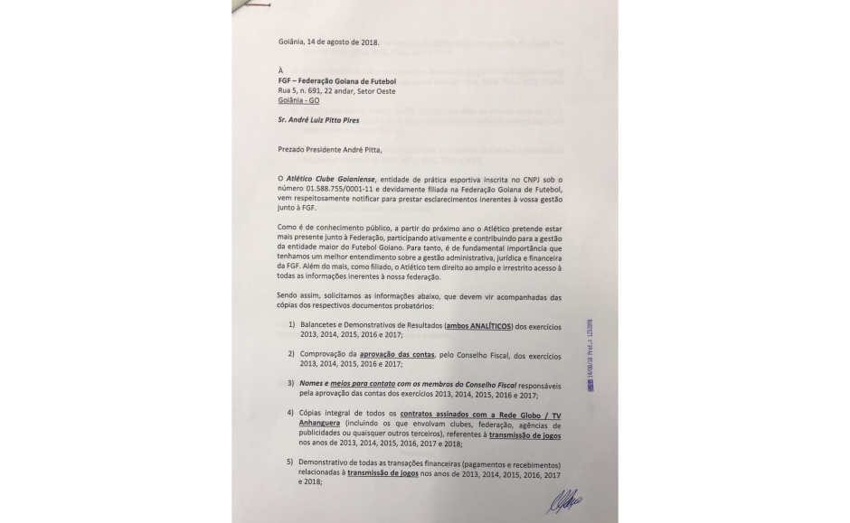 Notificação Extrajudicial encaminhada pelo Atlético à Federação Goiana de Futebol: Transparência em Informações (Reprodução)