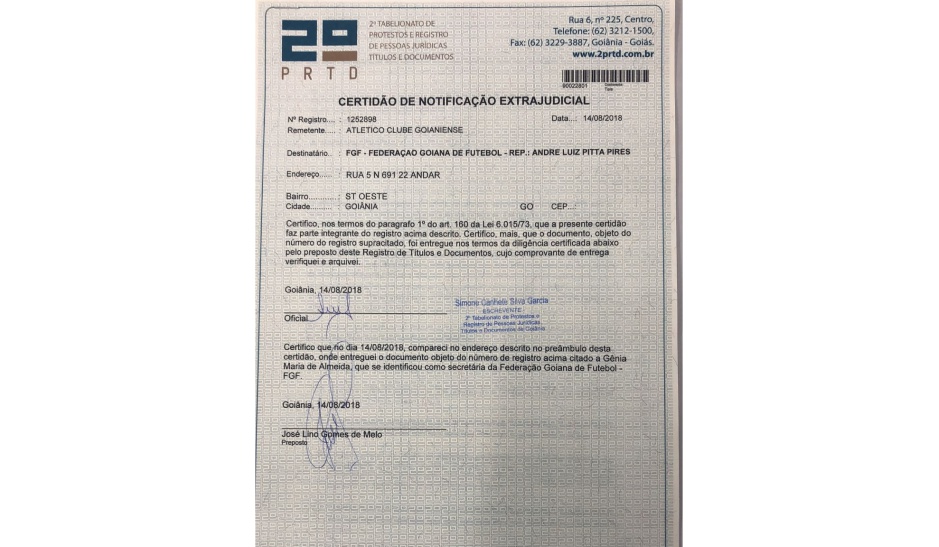 Notificação Extrajudicial encaminhada pelo Atlético à Federação Goiana de Futebol: Transparência em Informações (Reprodução)