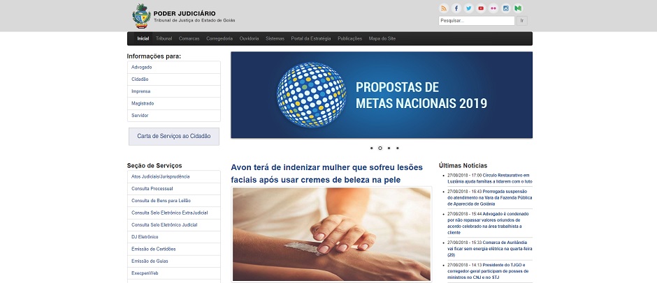 Portal do Tribunal de Justiça do Estado de Goiás, já com alteração da logomarca, substituída pelo brasão do Estado (Foto: Reprodução)