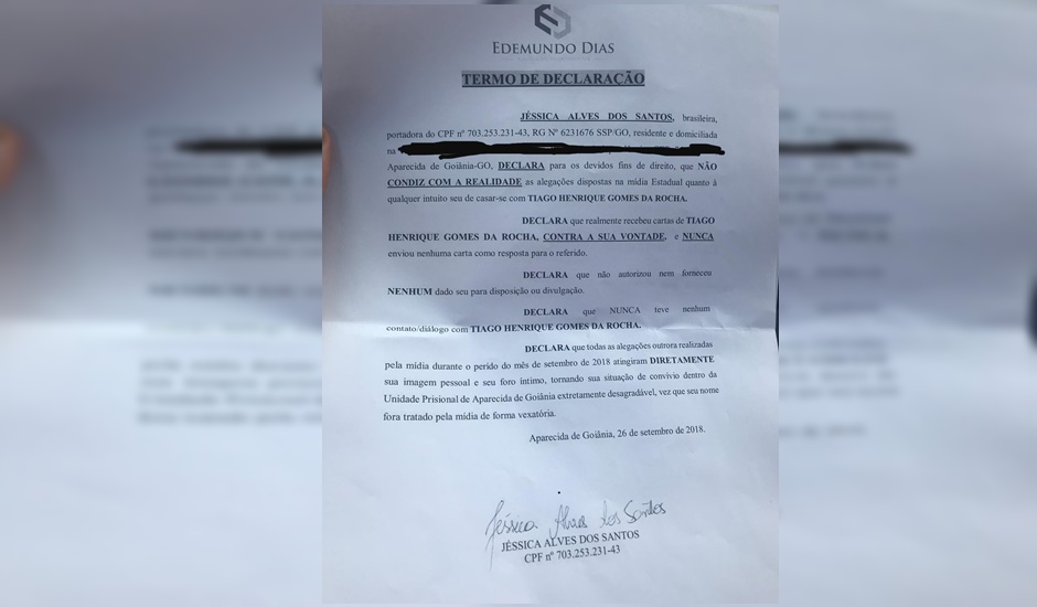 Declaração, redigida em computador, encaminhada pelo advogado à reportagem (Reprodução: Edemundo Dias)