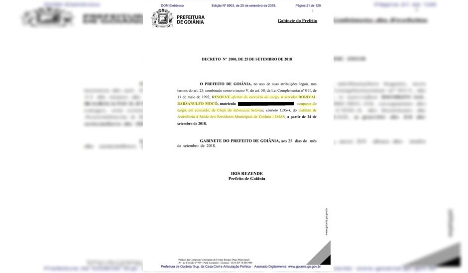 Afastamento de Dorival Barsanulfo Mocó, o Dori Mocó a chefe da advocacia setorial do Instituto de Assistência à Saúde dos Servidores Municipais de Goiânia (Imas) (Reprodução: Arquivo Pessoal)