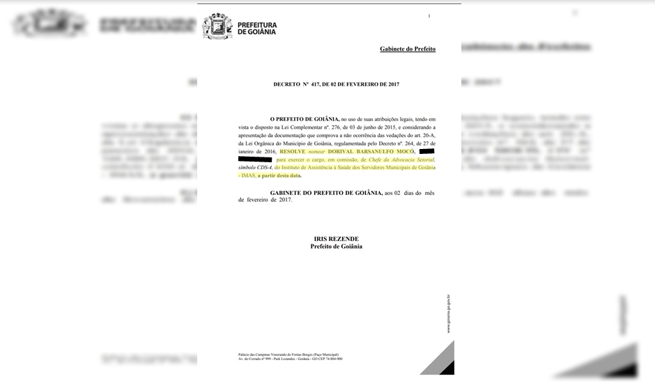 Nomeação de Dorival Barsanulfo Mocó, o Dori Mocó a chefe da advocacia setorial do Instituto de Assistência à Saúde dos Servidores Municipais de Goiânia (Imas) (Reprodução: Arquivo Pessoal)