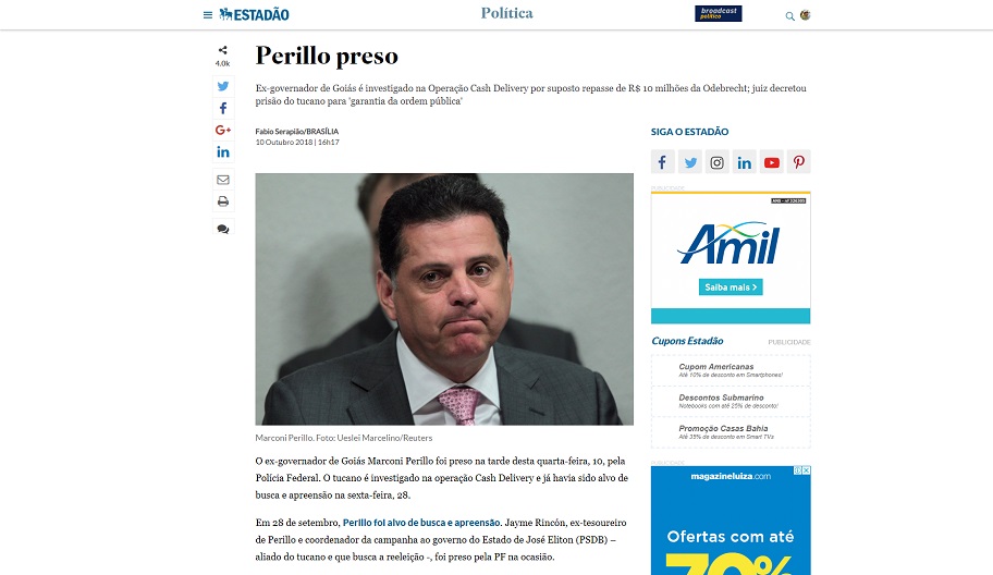 O Estado de São Paulo descreveu em apenas duas palavras: "Perillo Preso" (Foto: Reprodução)