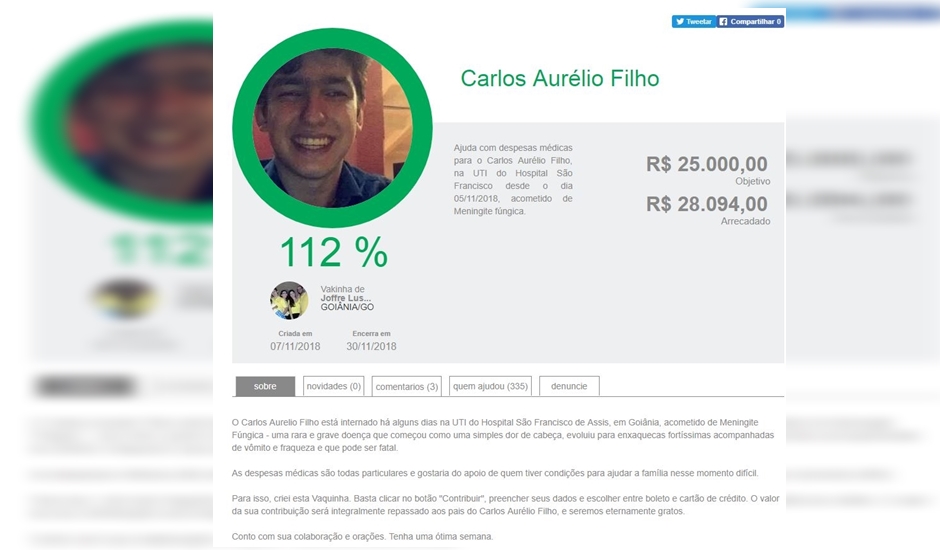 Amigos e familiares de Carlos Aurélio Tancredi Araújo Filho, de 20 anos, se uniram para arcar custas de tratamento de jovem, que morreu com meningite fúngica em Goiânia (Foto: Reprodução / Arquivo Pessoal)