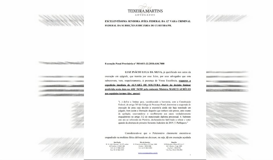 Cópia do pedido de liberdade, encaminhado pela defesa do ex-presidente Lula ao Judiciário (Foto: Reprodução)