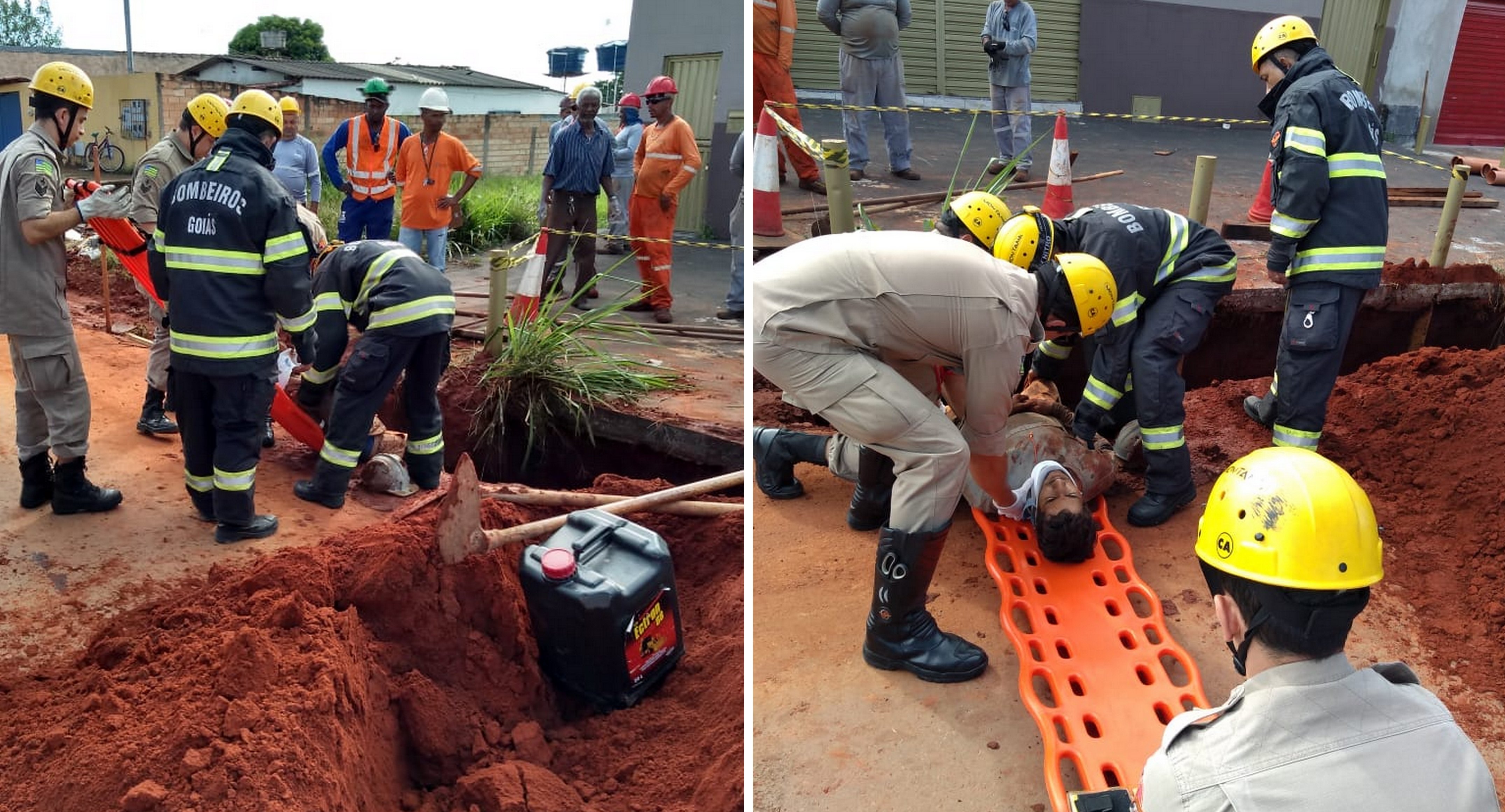 A vítima de soterramento ficou com terra até o tórax (Foto: Divulgação/Corpo de Bombeiros)