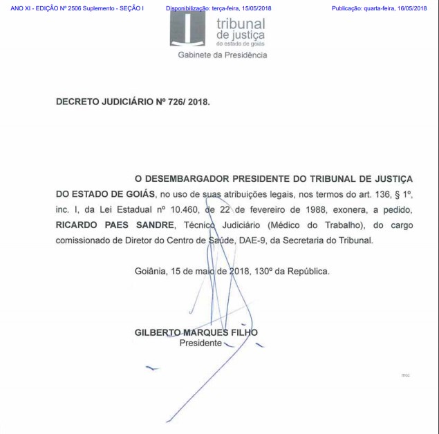 Dispensa do médico assinada por Gilberto Marques, oito dias após instauração do Inquérito Civil Público (Foto: Reprodução TJGO)