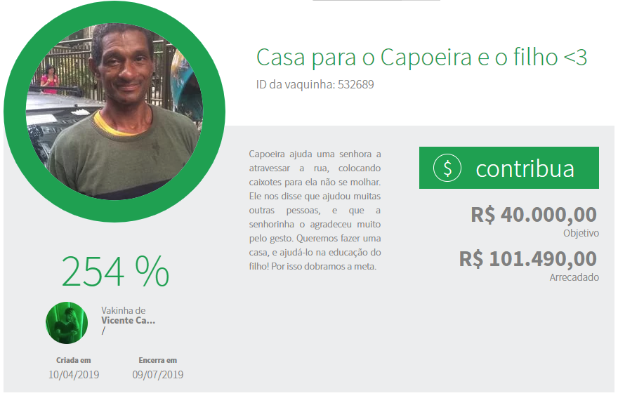 Vaquinha para ajudar 'Capoeira' já passou de R$ 100 mil reais (Foto: Reprodução/vakinha.com.br)