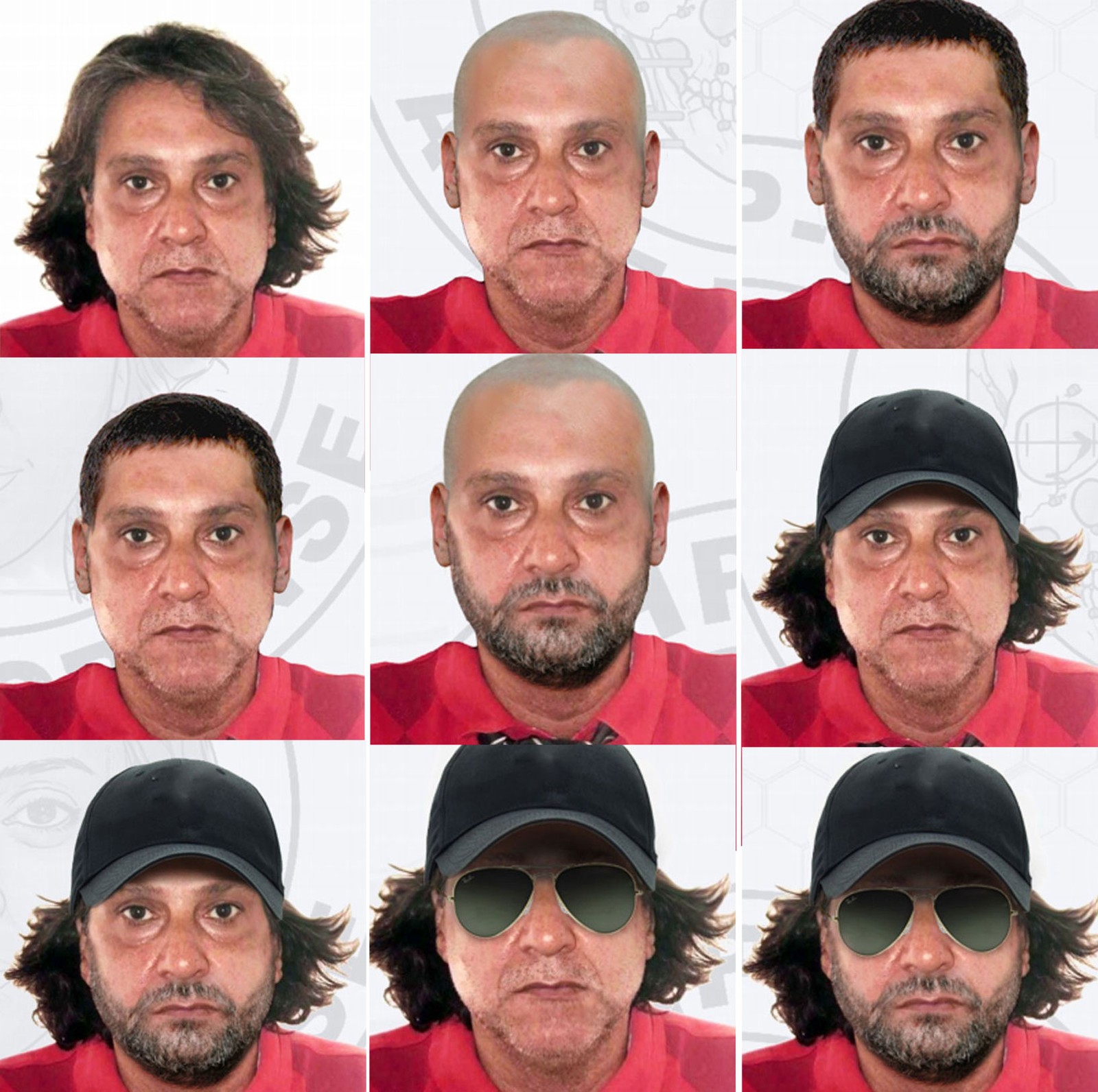 Simulação de possíveis disfarces usados por Cupertino (Foto: Divulgação/Polícia Civil)