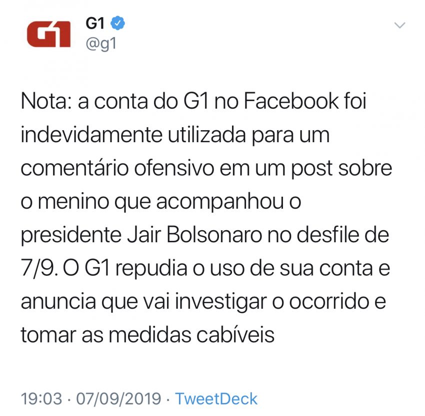 Nota do G1 publicada no Twitter