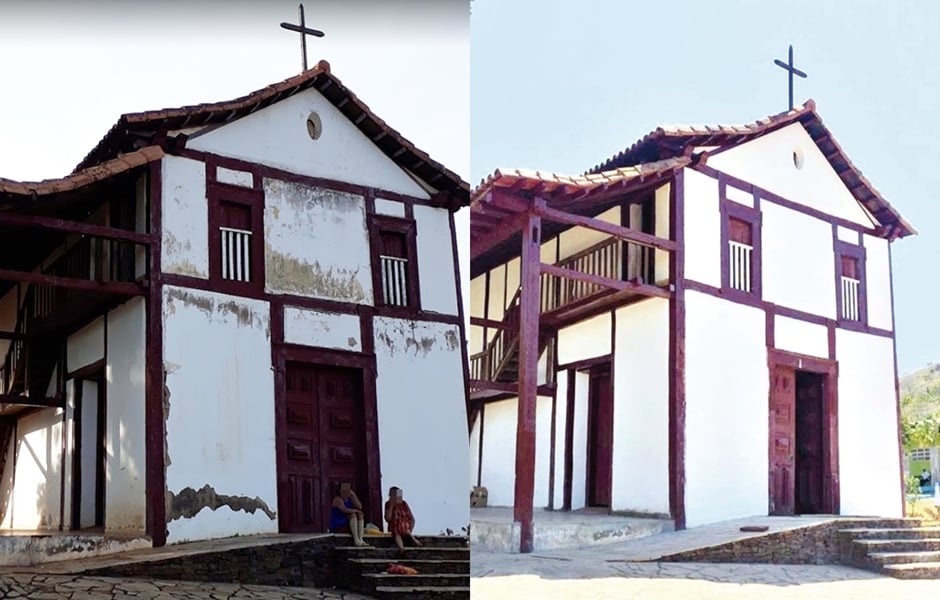 Igreja Nossa Senhora da Mercês antes e depois da restauração, em Pilar de Goiás (Foto: Reprodução)