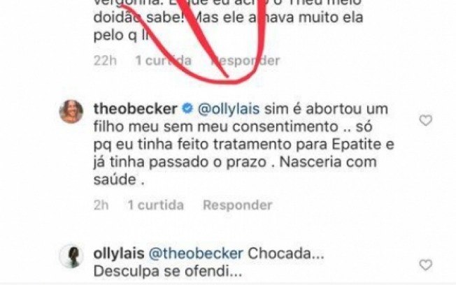 Resposta de Theo Becker no Instagram da colunista Fabia Oliveira 