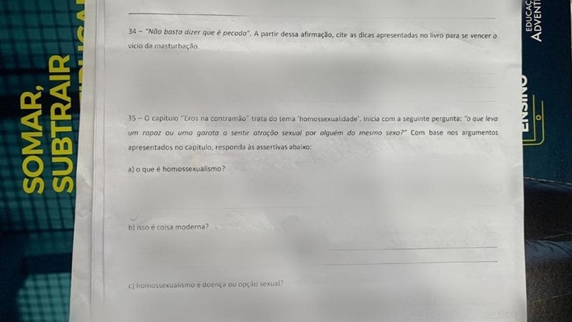 Escola adventista aplica prova com questões homofóbicas e gera indignação na web, no Pará