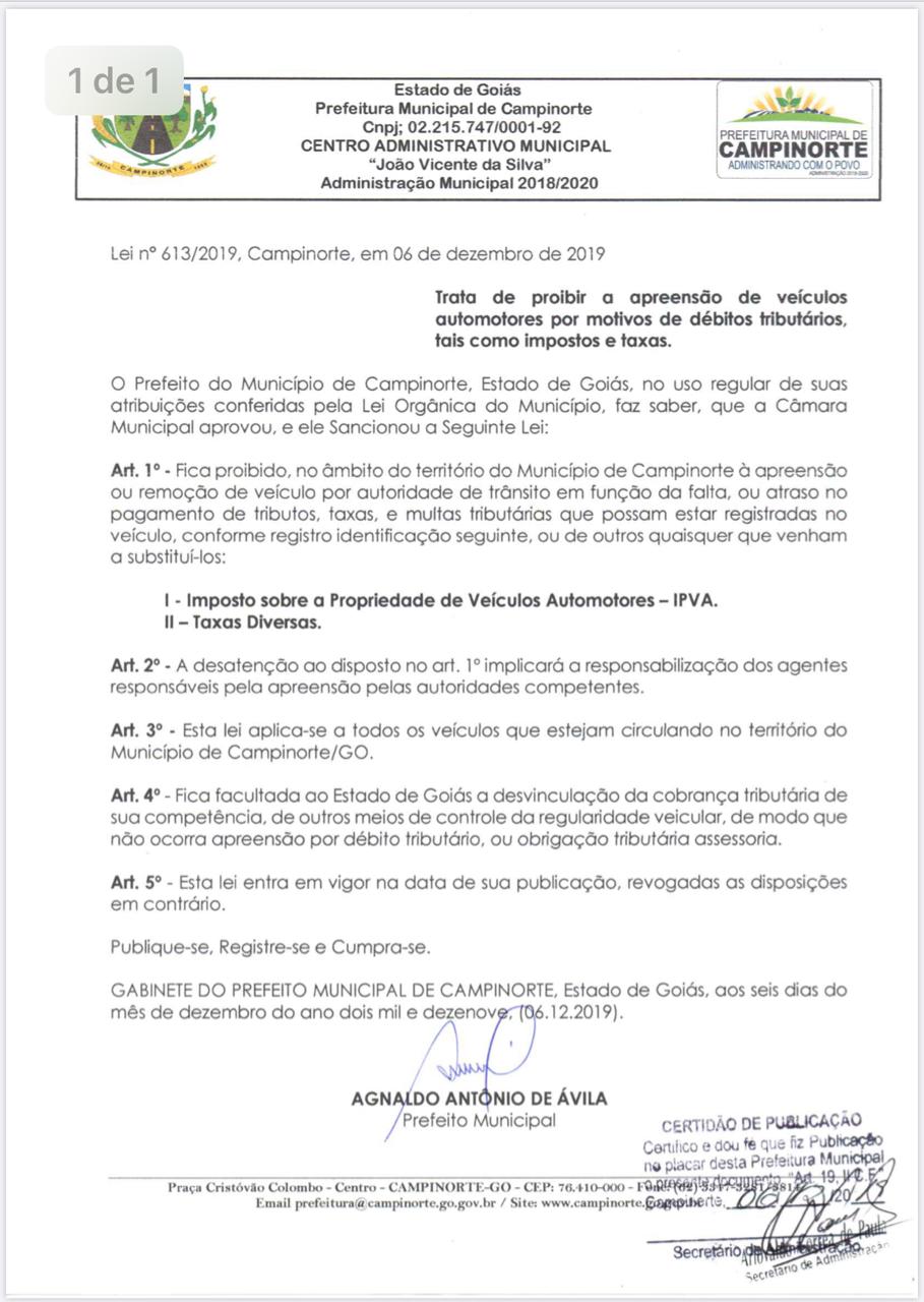 Prefeitura de Campinorte proíbe apreensão de veículos com documentos atrasados