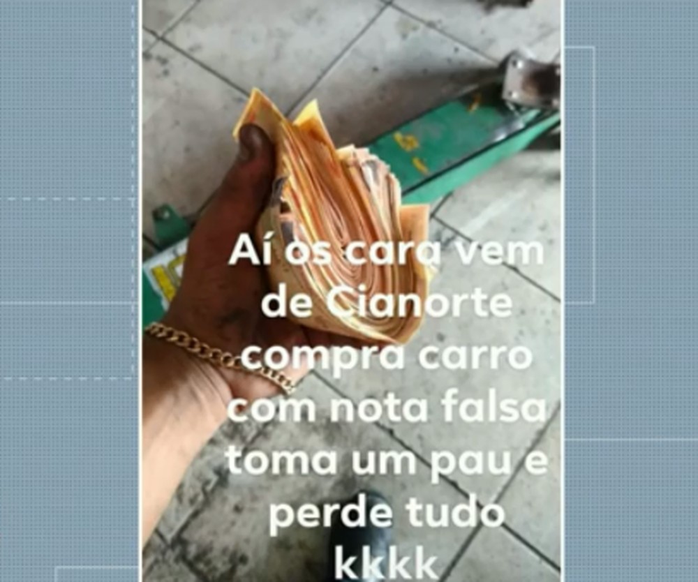 Jovem é preso após fazer postagem em rede social segurando R$ 3,8 mil em notas falsas, em Umuarama (Foto: Reprodução/RPC)