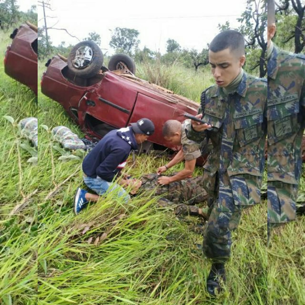 Três soldados da FAB ficaram feridos após sofrerem acidente de trânsito em Anápolis. O caso ocorreu na tarde deste domingo. (Foto: Reprodução/TV Anhanguera)
