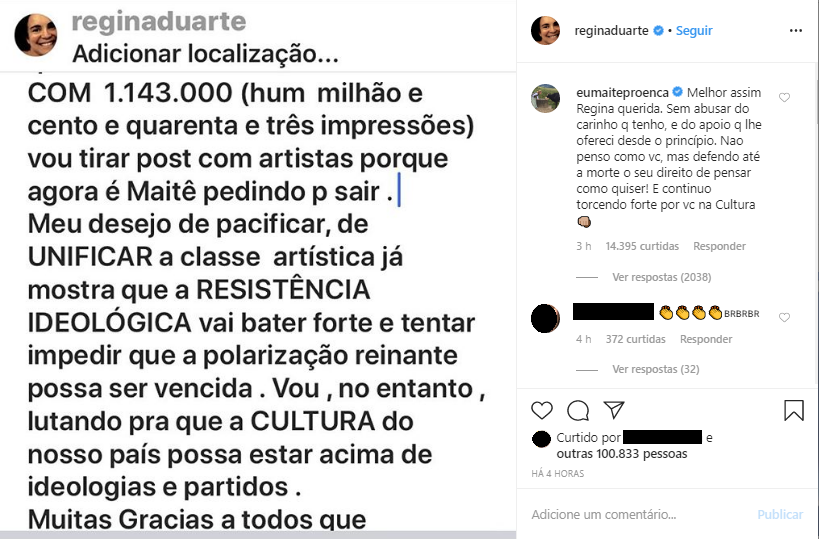 Regina Duarte retira colagem após ser criticada por artistas por associá-los a Bolsonaro