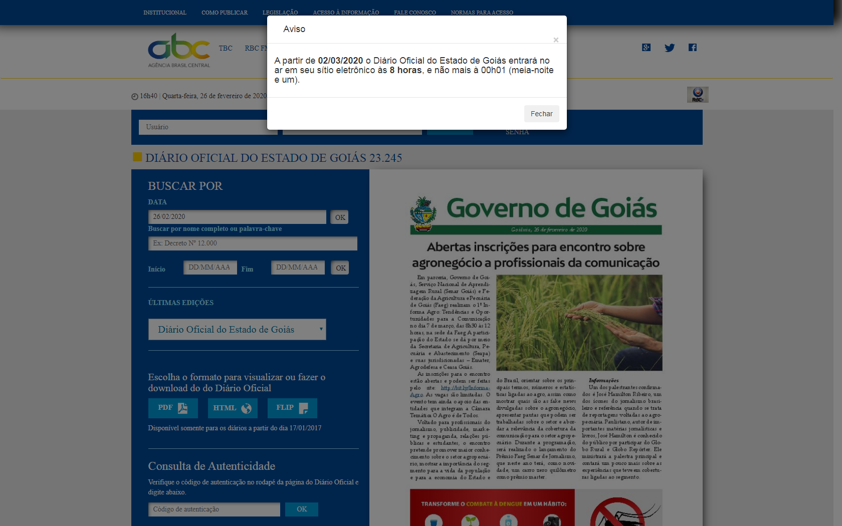 Diário Oficial do Estado muda horário de publicação, a partir de 2 de março
