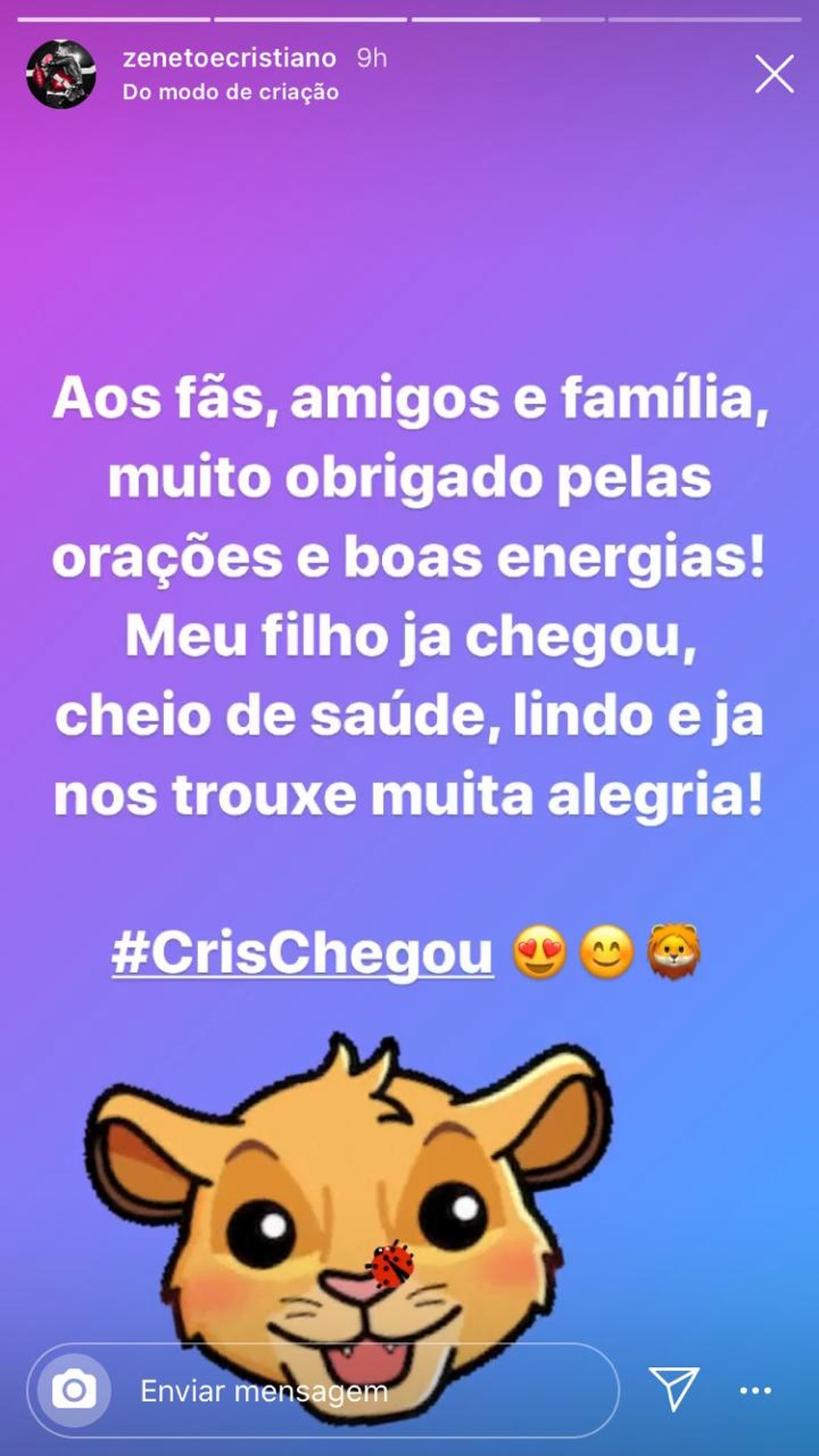 Cristiano, da dupla com Zé Neto, comemora o nascimento do segundo filho