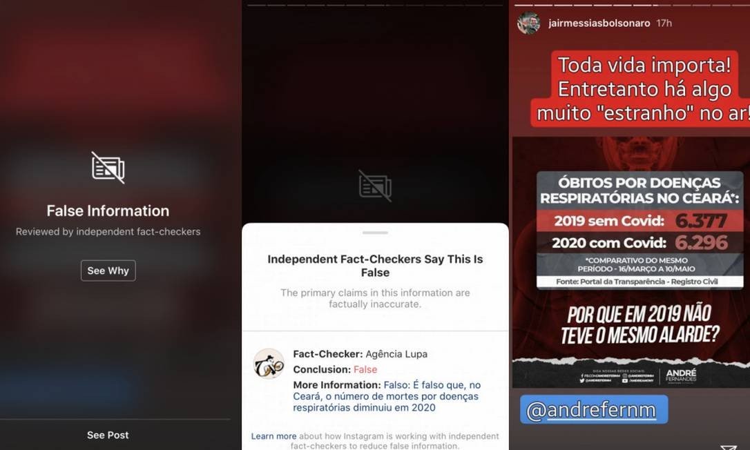 Instagram marca como falsa informação publicada no perfil de Bolsonaro sobre mortes por Covid-19. (Foto: reprodução)