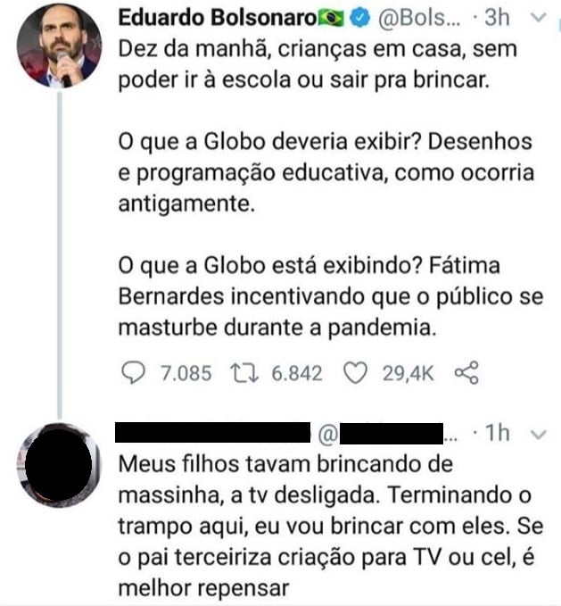Eduardo Bolsonaro critica Fátima Bernardes: “Incentiva masturbação na pandemia”