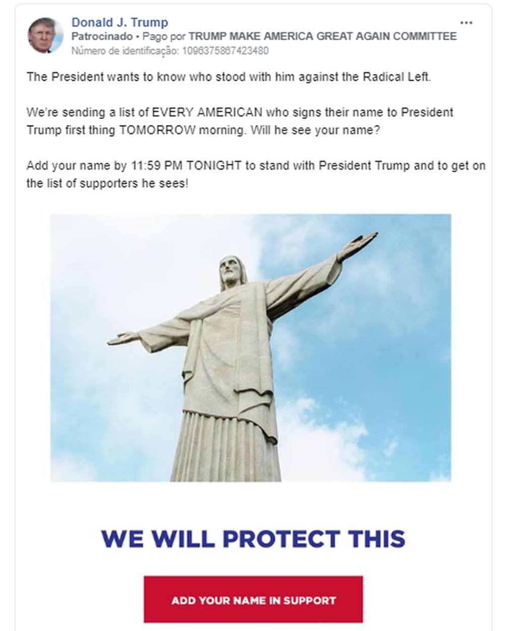 Trump usa imagem do Cristo Redentor em campanha nas redes sociais