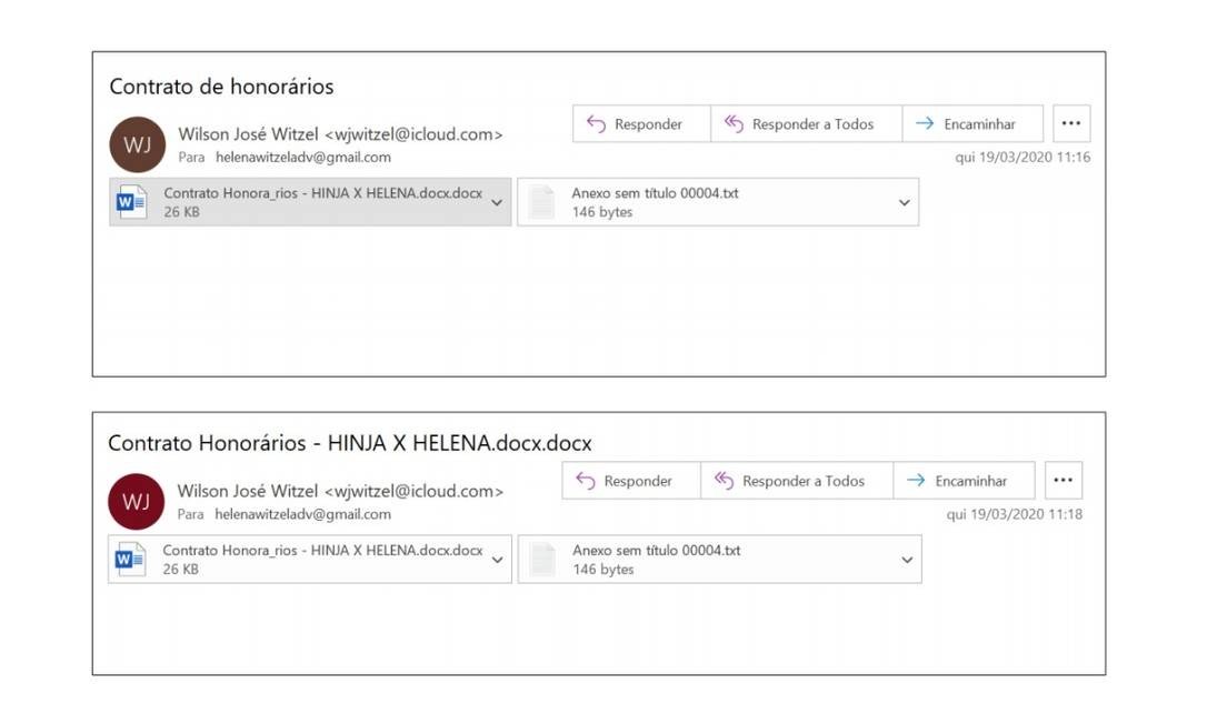 Emails enviados com "a minuta de um contrato de prestação de serviços advocatícios entre ela e o Hinja" Foto: Reprodução