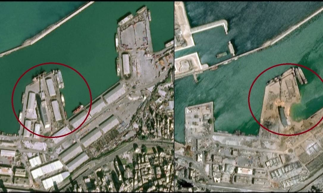 Imagens de satélite mostram o porto de Beirute antes e depois da explosão