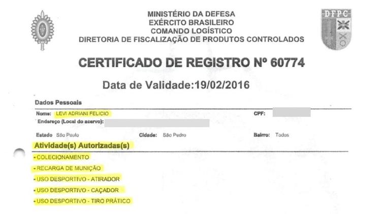 Certificado de CAC de Levi Adriani Felício (Imagem: Reprodução/PF)
