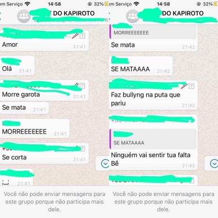 Uma menina de 11 anos sofreu ameaças dos colegas da escola através de mensagens em um grupo de Whatsapp, segundo mostram prints feitos pela mãe da garota. (Foto: reprodução)