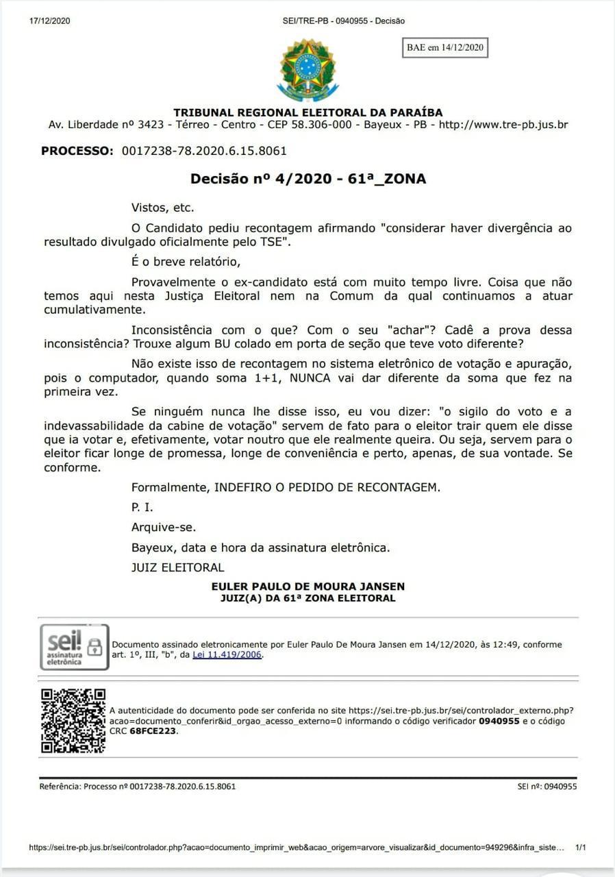 Juiz dá bronca em candidato que pediu recontagem de votos: "Se conforme"