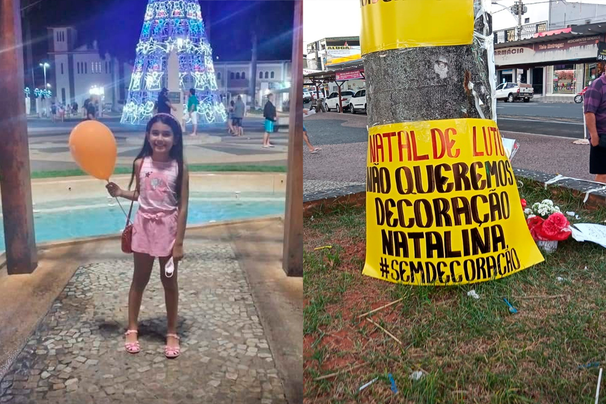 Cartazes foram fixados no local de morte de Júlia em Praça de Caldas Novas. Garota foi eletrocutada ao tocar decoração de natal (Fotos: reprodução)