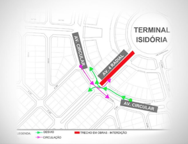 Mapa com interdições e desvios do trânsito na Avenida 4ª Radial, em Goiânia (Foto: SMT/Divulgação)
