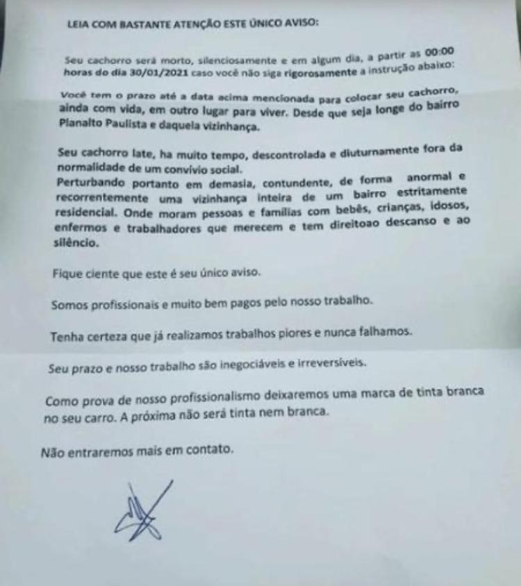 Carta anônima diz que morador tem até dia 30 para se livrar da cadela