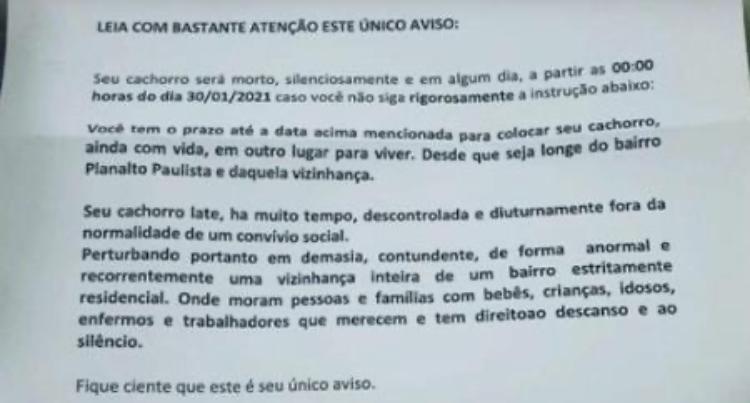 Carta anônima diz que morador tem até dia 30 para se livrar da cadela