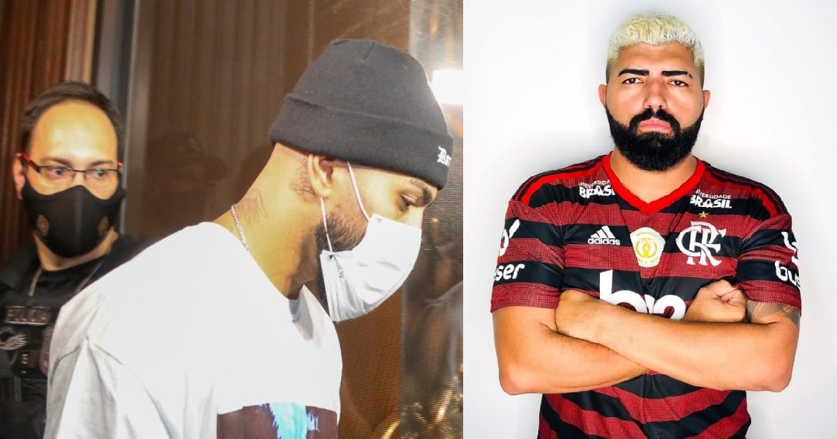 Gabigol sendo levado pela polícia e Gabigordo, sósia do jogador (Foto: Reprodução)