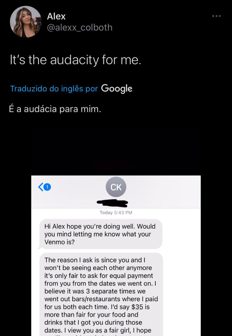Após ser rejeitado, homem pede que mulher reembolse dinheiro gasto nos encontros (Foto: Reprodução/Twitter)