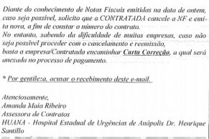 Cópia de e-mail enviado pela administração do Huana à IGN, com solicitação de reenvio do boleto (Foto: divulgação/Registro/Governo de Goiás)