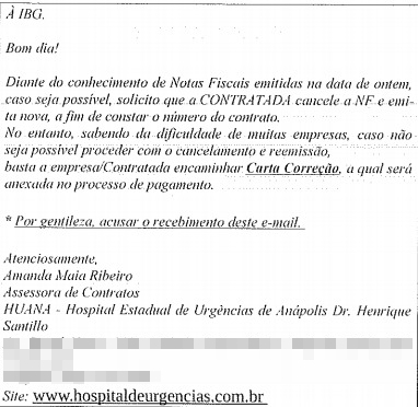 Cópia de e-mail enviado pela administração do Huana à IGN, com solicitação de reenvio do boleto (Foto: divulgação/Registro/Governo de Goiás)