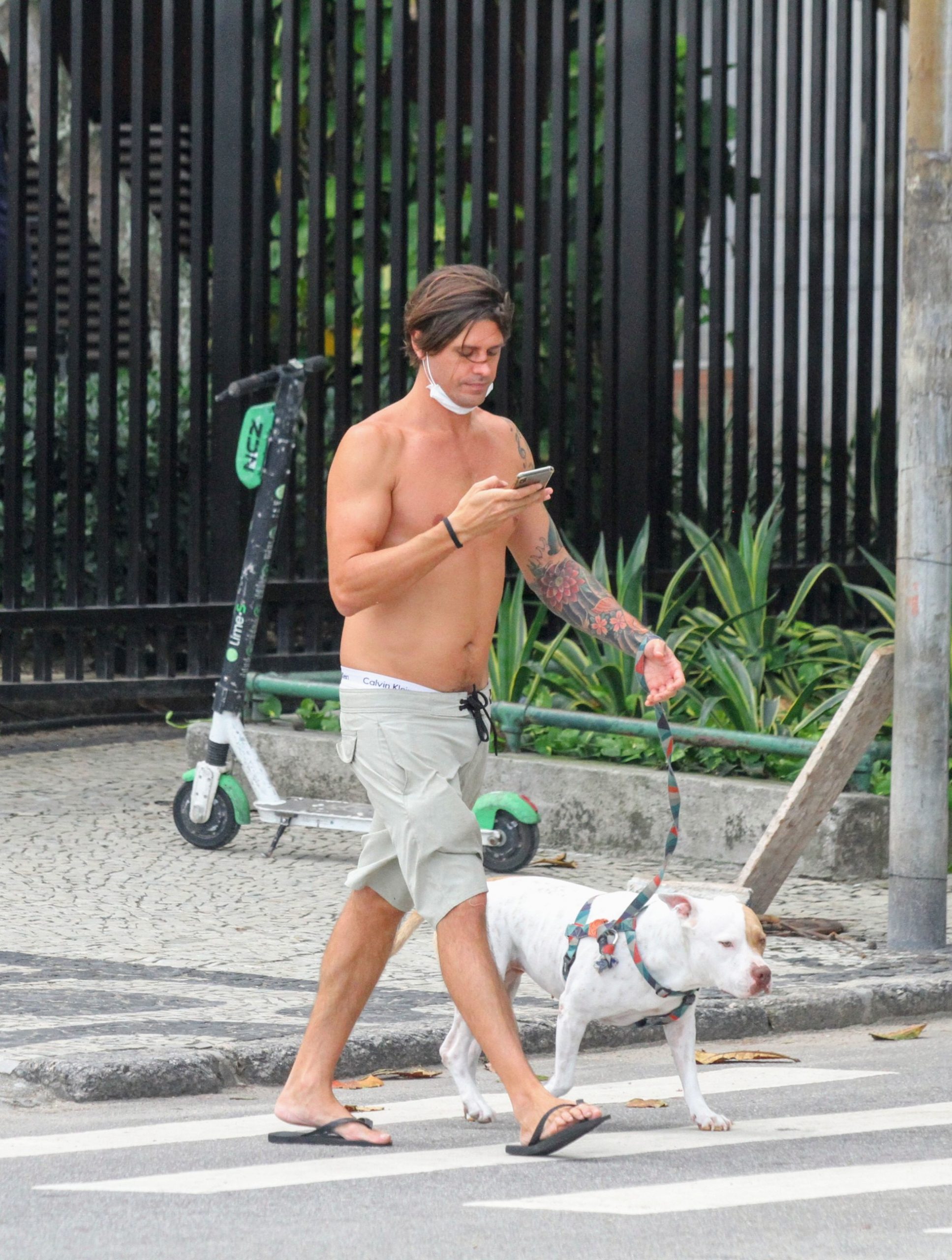 Dado Dolabella passeia com cachorro em Ipanema