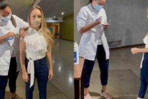 Carla Diaz é vacinada contra a Covid-19 no Rio