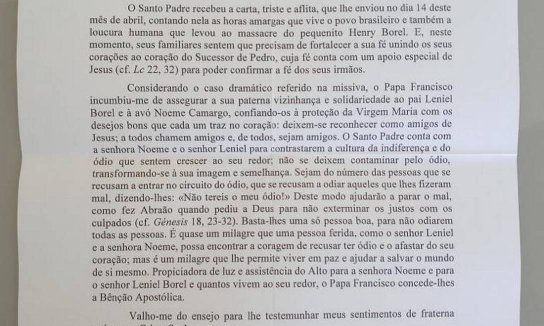 Caso Henry: Papa Francisco presta solidariedade em carta para o pai do menino