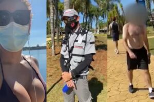 Mulher é repreendida por usar biquíni no DF enquanto homem passa sem camisa; vídeo