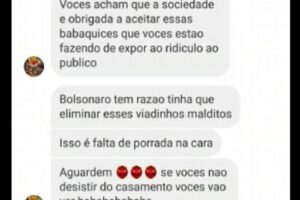 Pessoa anônima cria perfil para ameaçar casal homoafetivo que iria se casar em Anápolis (Foto: Reprodução/Redes Sociais)Pessoa anônima cria perfil para ameaçar casal homoafetivo que iria se casar em Anápolis (Foto: Reprodução/Redes Sociais)