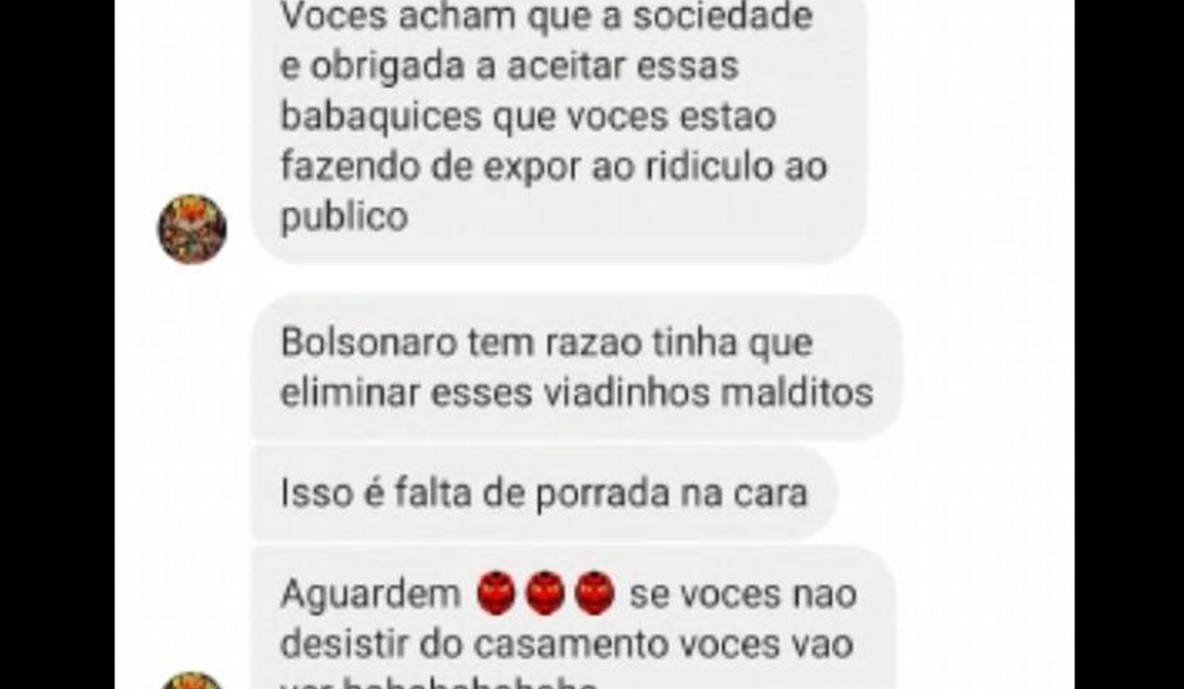 Pessoa anônima cria perfil para ameaçar casal homoafetivo que iria se casar em Anápolis (Foto: Reprodução/Redes Sociais)Pessoa anônima cria perfil para ameaçar casal homoafetivo que iria se casar em Anápolis (Foto: Reprodução/Redes Sociais)