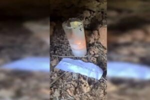 A Polícia encontrou uma espécie de altar com vela acesa e o nome de Lázaro escrito em um papel, em mata de Edilândia. (Foto: reprodução)