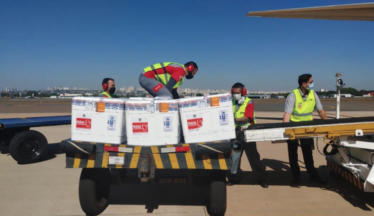Desembarque de vacinas contra covid-19 no aeroporto de Goiânia (Foto: Governo do Estado)